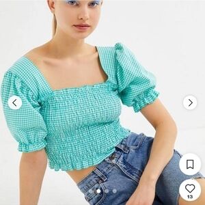 Lisa Says Gah UO Gingham Smocked Square Neck‎ Crop Top green White checked small